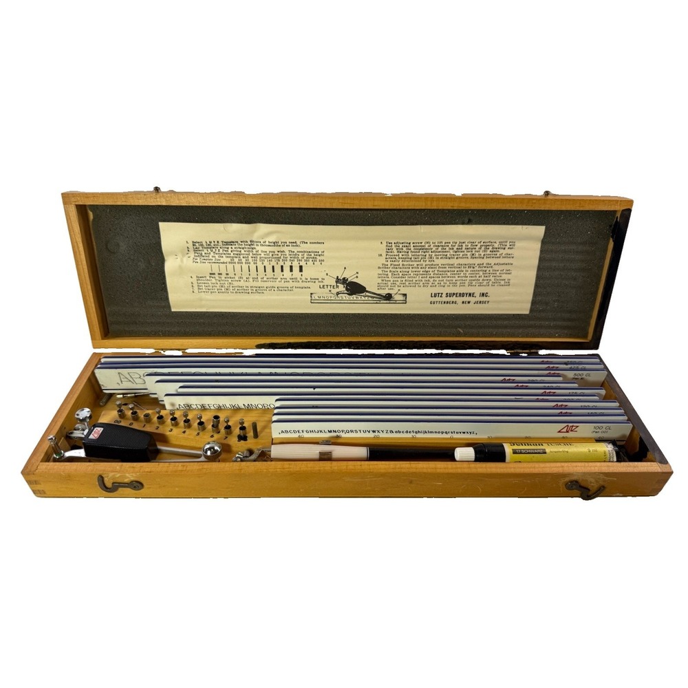 Vintage Lutz Superdyne Mechanical Lettering Drafting Template Set Complete Case